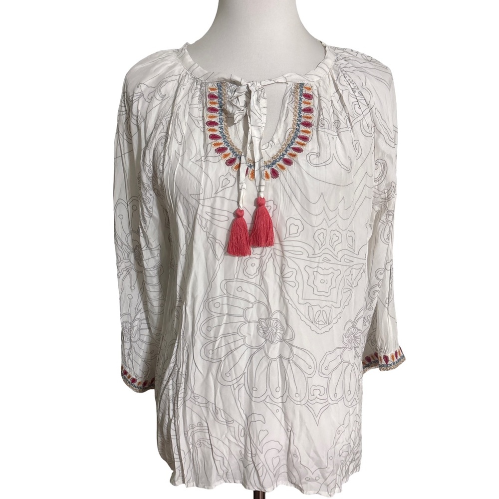 Love Kyla Hand Made Indian Bohemian White Blouse with Pink Tassels